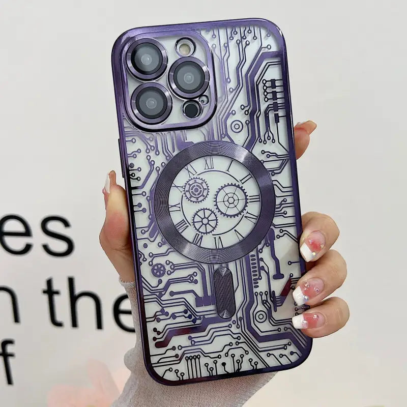 a woman holding a phone case with a clock design