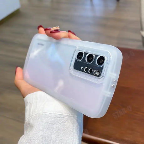 a woman holding a white case with a camera attached to it