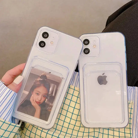 a woman holding two iphone cases with a photo of her