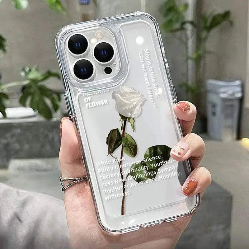 a woman holding a white rose phone case