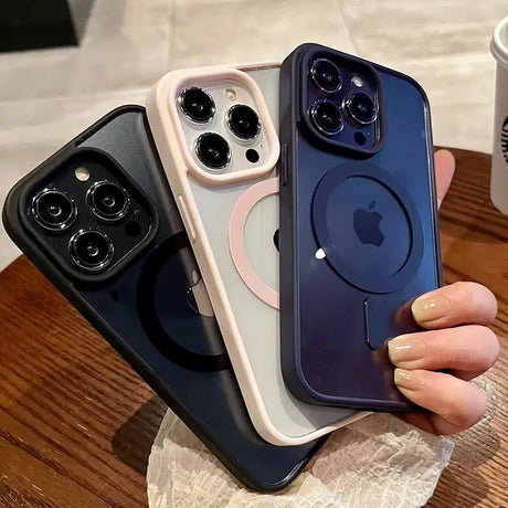 a woman holding an iphone case with a camera