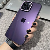 a woman holding an iphone case with a purple background
