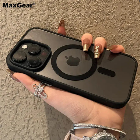 A woman holding an iphone case with a ring on it