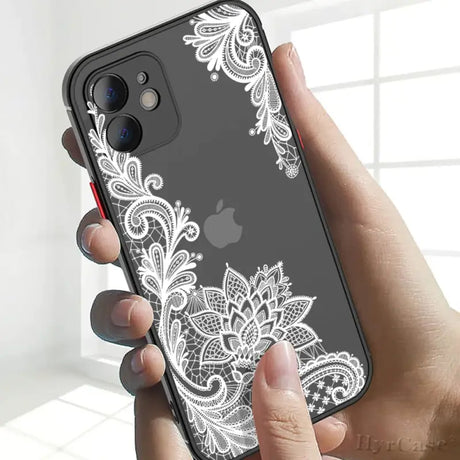 A woman holding an iphone case with a white lace pattern on it