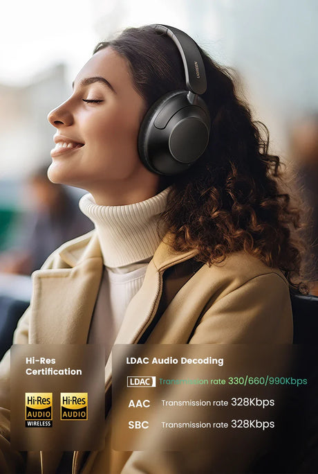 Woman wearing over-ear headphones with her eyes closed and a slight smile.