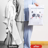 a woman in pajamas holding a bag with a panda face on it