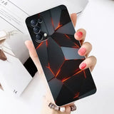 a woman holding a phone case with a black and red geometric design