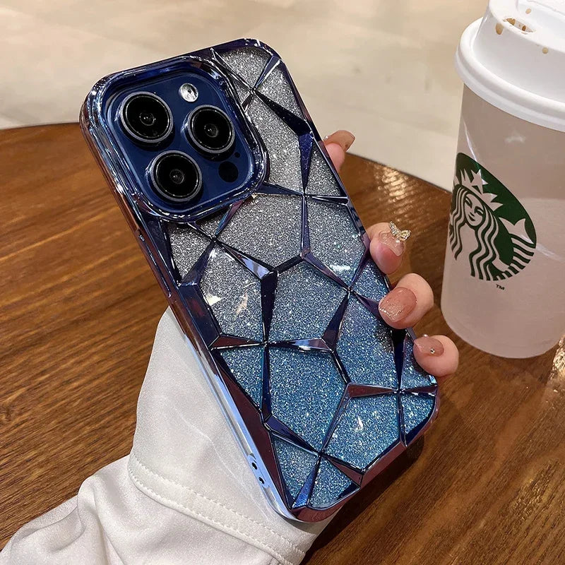 a woman holding a phone case with a broken glass design