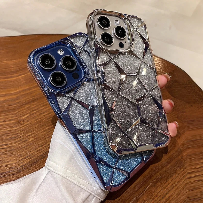 a woman holding a phone case with a broken glass design