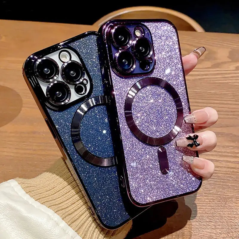 A woman holding a phone case with a camera attached to it