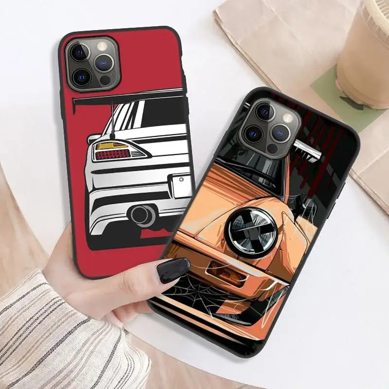a woman holding a phone case with a car on it