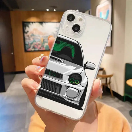 A woman holding a phone case with a car on it