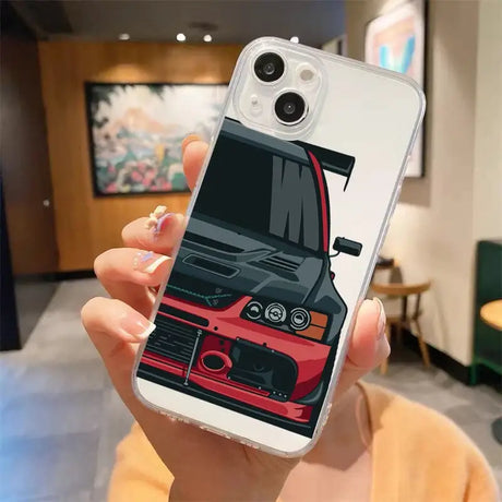 A woman holding up a phone case with a car on it