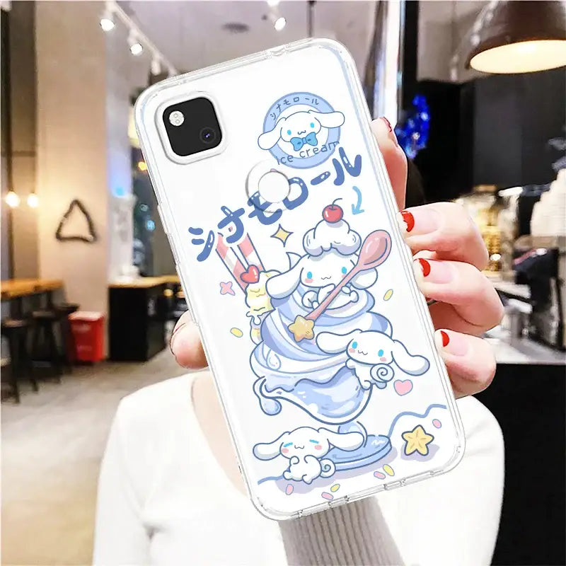 a woman holding a phone case with a cartoon character on it