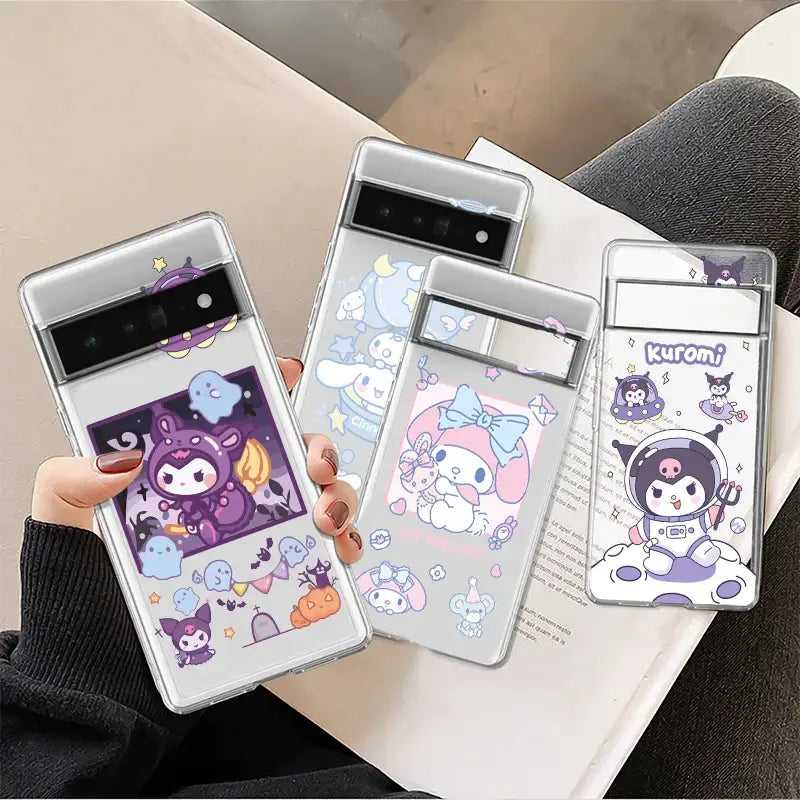 a woman holding a phone case with a cartoon design