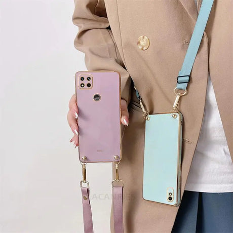 a woman holding a phone case with a phone in it