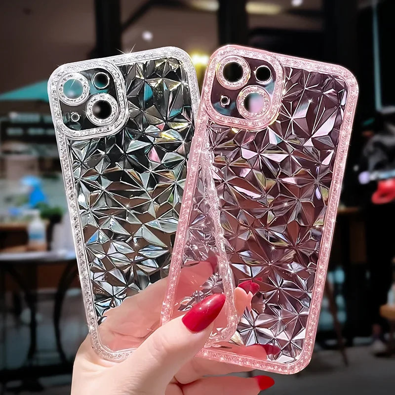 a woman holding a phone case with a diamond pattern