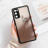 a woman holding a phone case with a drawing of a woman holding a flower
