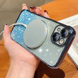 A woman holding a phone case with a glitter glitter effect