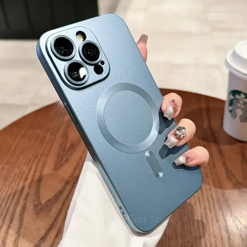 a woman holding a phone case with a phone holder