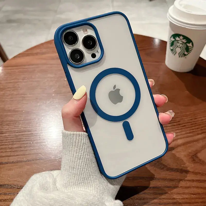 A woman holding a phone case with a magni