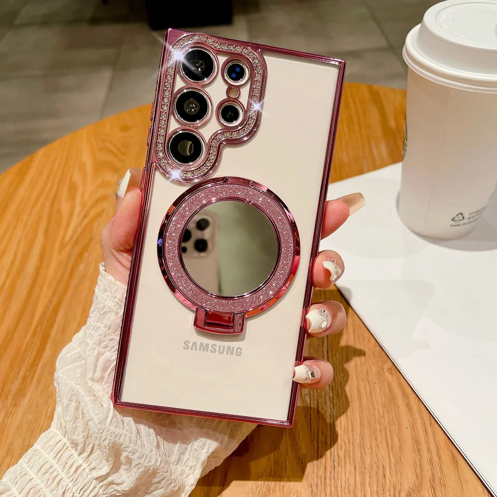 A woman holding a phone case with a mirror