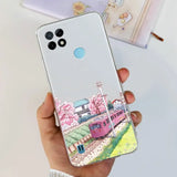 a woman holding a phone case with a painting of a train