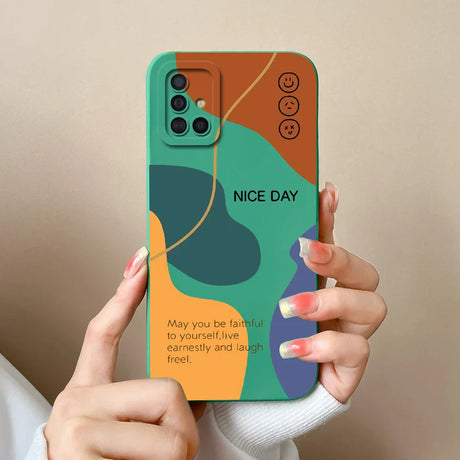 a woman holding a phone case with a quote on it