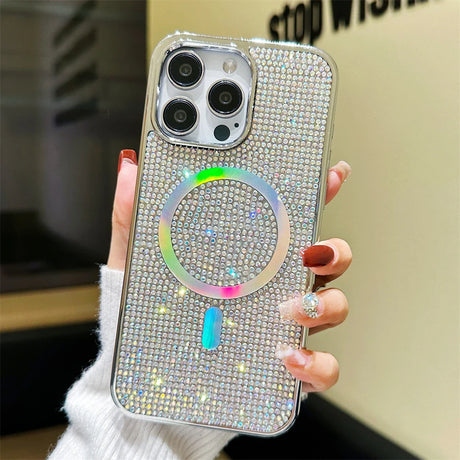 a woman holding a phone case with a rainbow ring