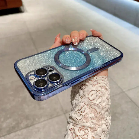 A woman holding a phone case with a ring holder