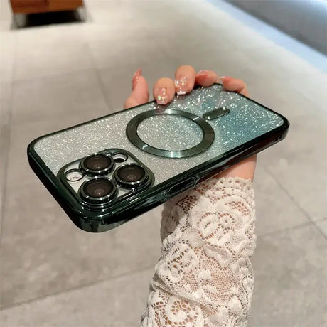 A woman holding a phone case with a ring holder