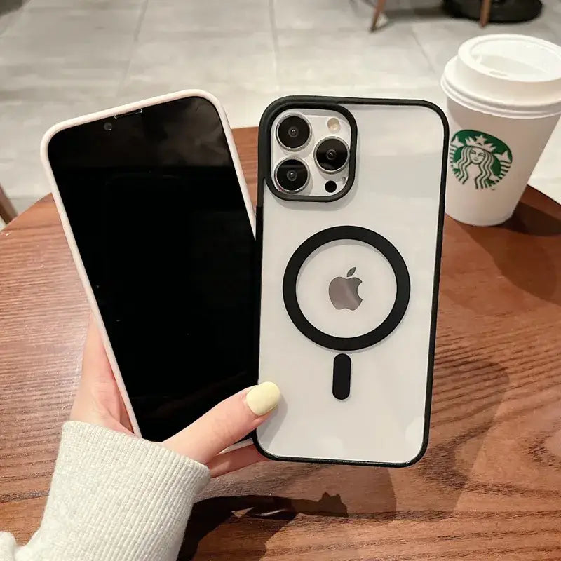 a woman holding a phone case with a starbucks cup in the background