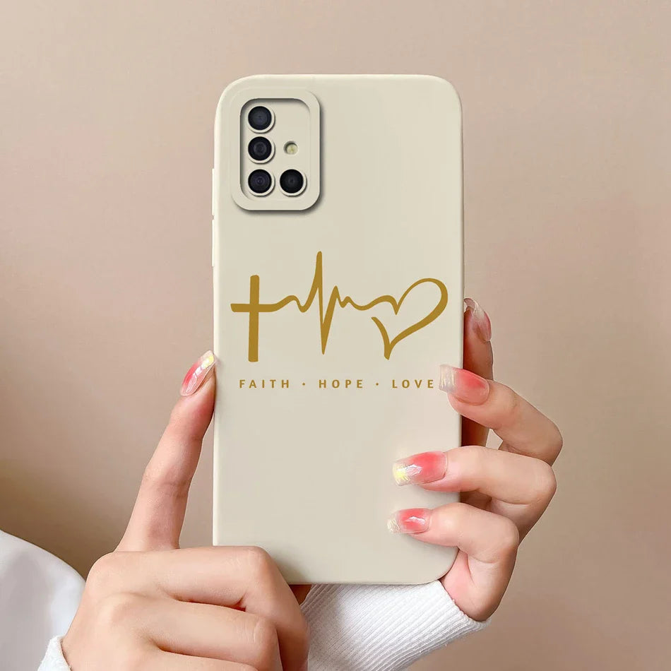 a woman holding a phone case with the word faith hope