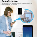 A woman is using her phone to control the remote control