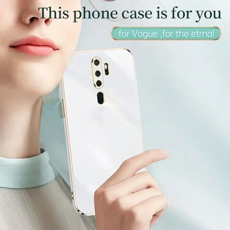 A woman holding a phone with the text, this case is for you