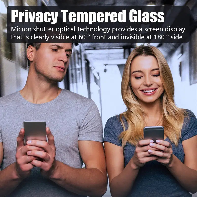 two people looking at their phones with the text privacy tempered glass