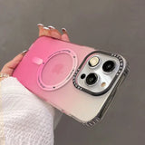 a woman holding a pink camera case