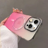 A woman holding a pink camera case