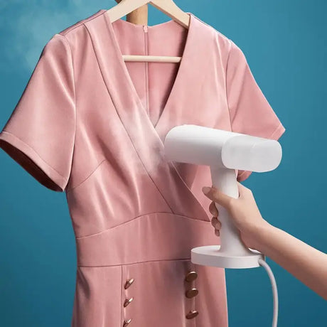 A woman is holding a pink dress on a hanger