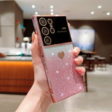 a woman holding up a pink glitter case