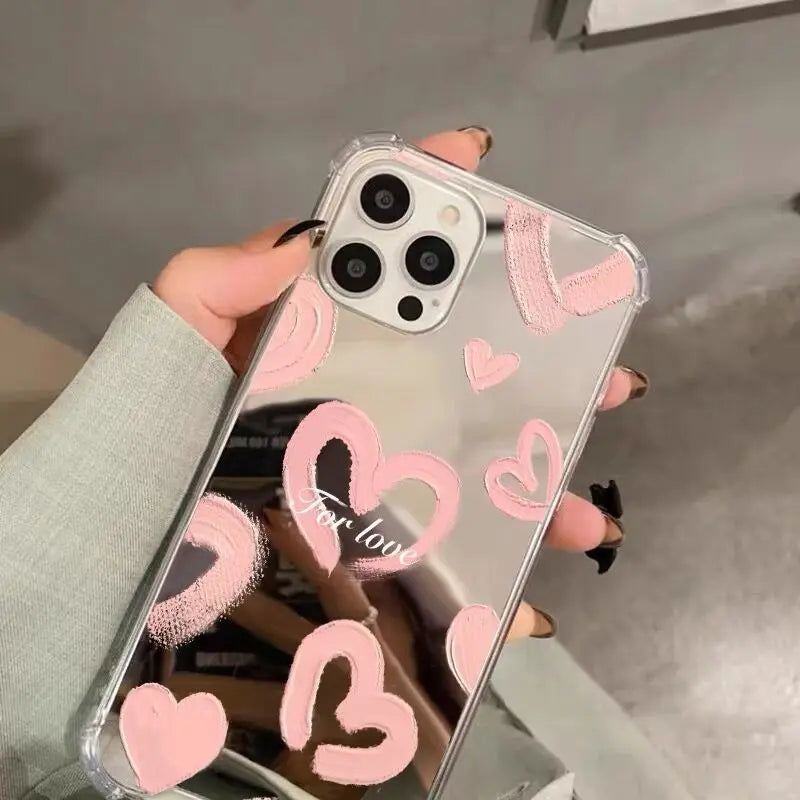 Luxury Lips | Love | Heart Mirror Pattern Phone Case For iPhone 11 13 Pro Max 12 14 15 Pro Max 7 8 Plus Make Up Mirror Silica Gel Back Cover