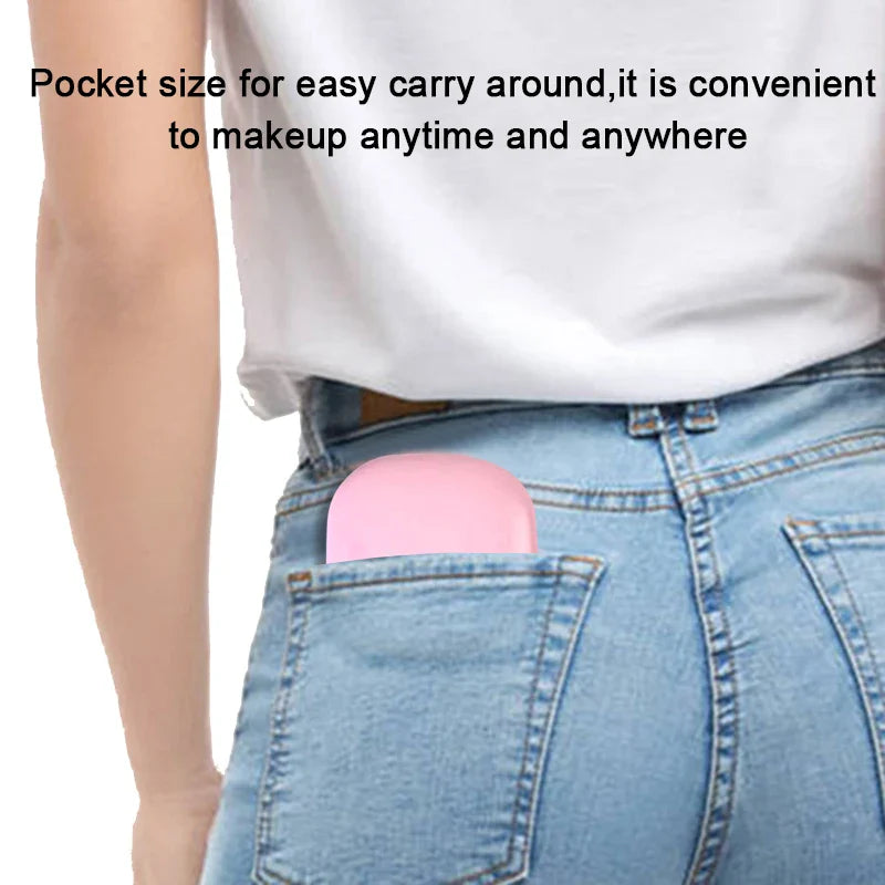 a woman with a pink heart shaped pocket