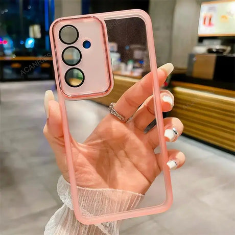 a woman holding a pink iphone case