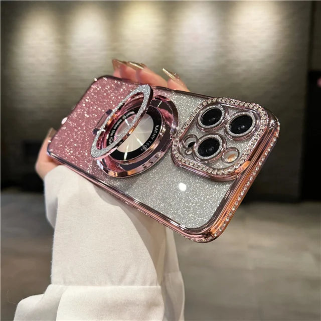 a woman holding a pink and silver glitter case