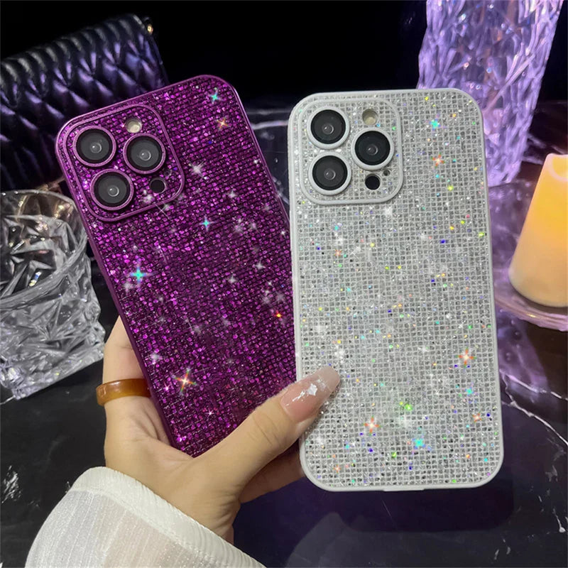 a woman holding a purple case with sparkling glitter
