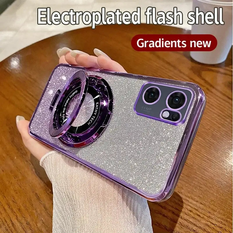 a woman holding a purple glitter phone case