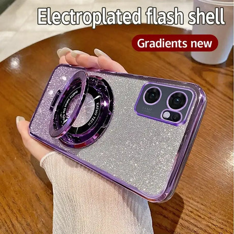 A woman holding a purple glitter phone case