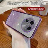 A woman holding a purple glitter phone case