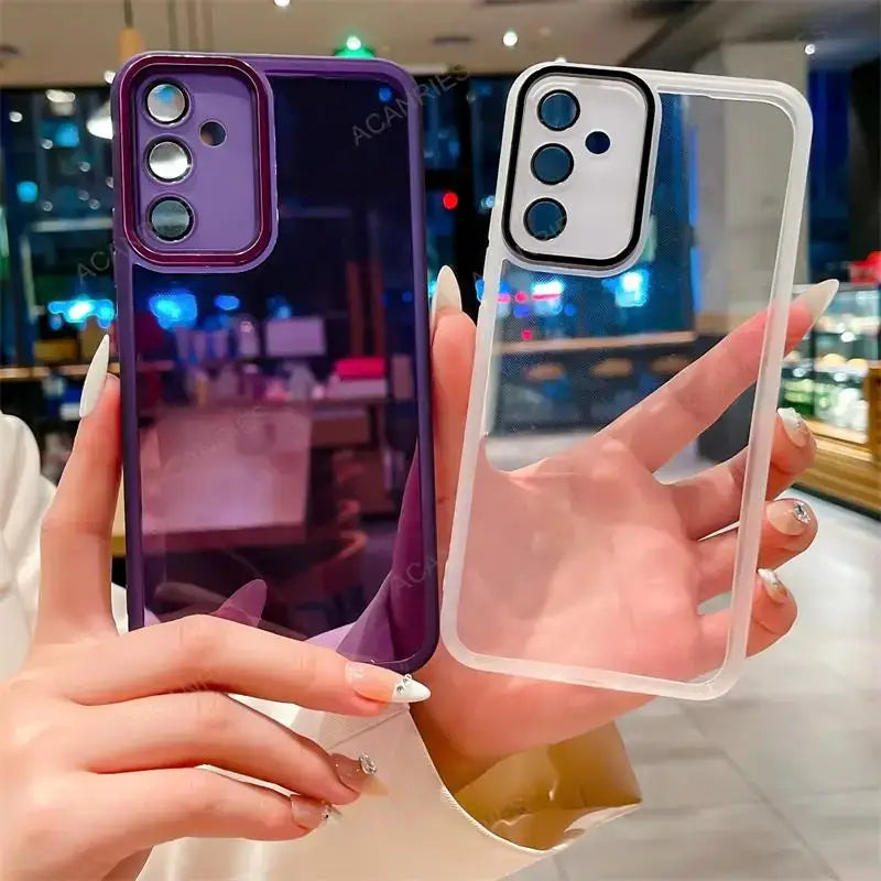 a woman holding a purple iphone case