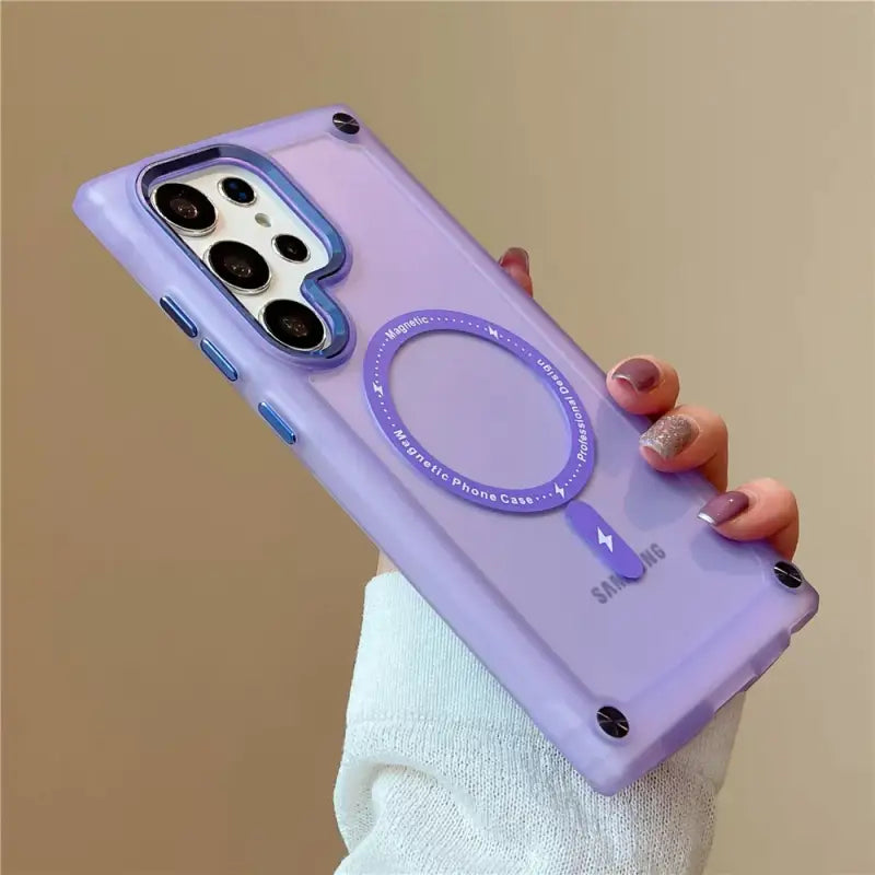 a woman holding a purple phone case with a purple circle on it